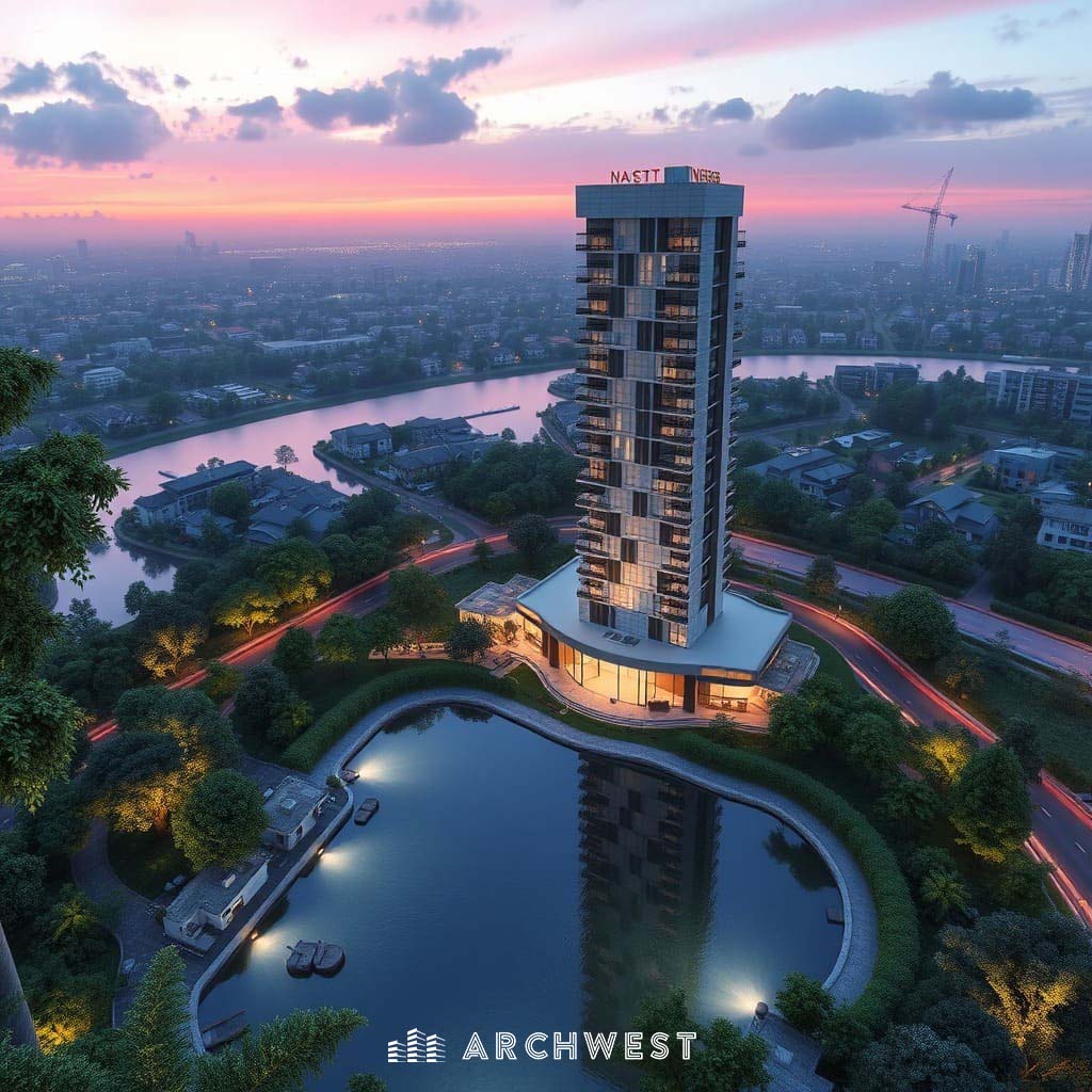5. 3D Render of Modern high-rise by lake at sunset, Chicago, Illinois